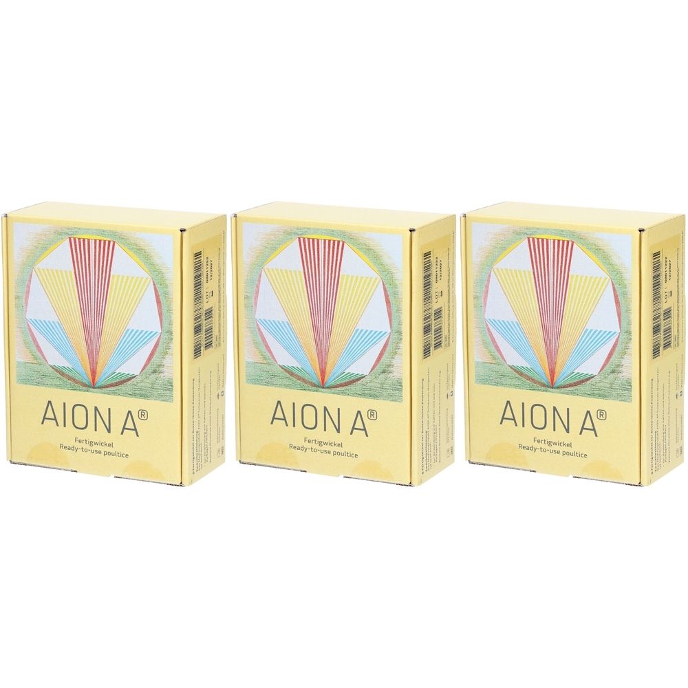 Trois boîtes de produit jaunes avec le logo AION A. Chaque boîte présente un motif géométrique.