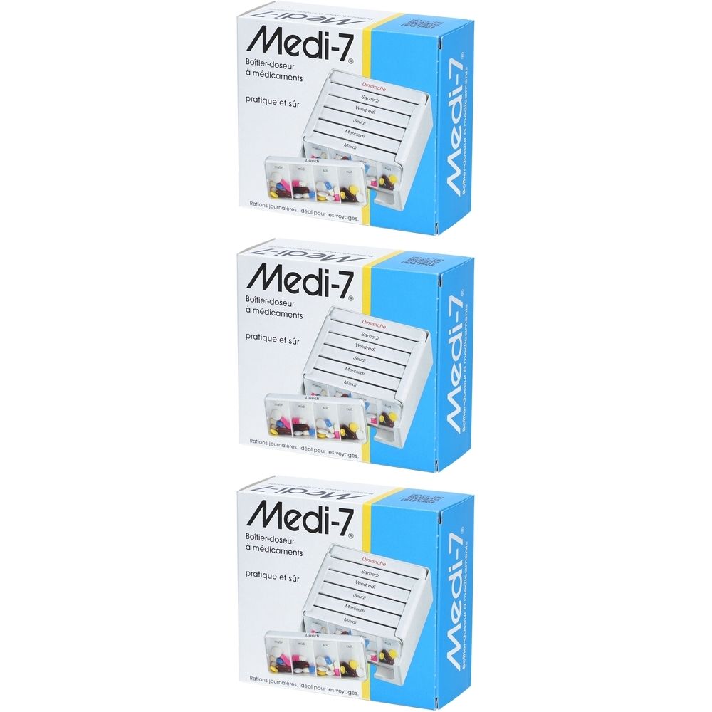 Plusieurs boîtes de piluliers Medi-7. Emballage bleu et blanc avec image du produit et texte. Compartiments à comprimés individuels visibles.