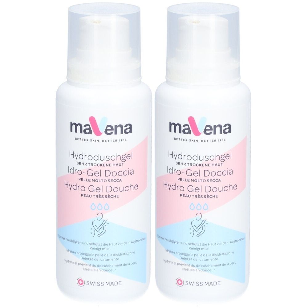 Deux flacons blancs avec pompe. Inscription: Mavena Hydroduschgel. Accents roses et bleus. Fabriqué en Suisse.