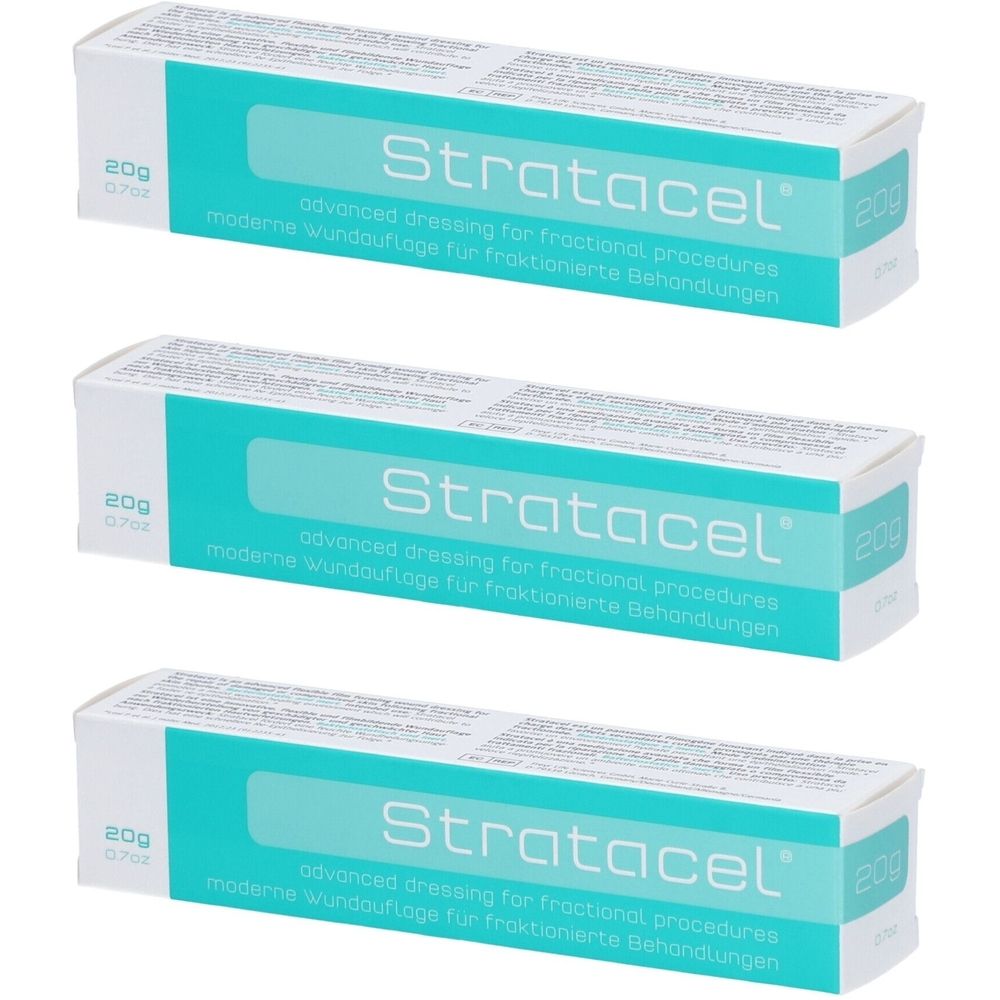 Trois boîtes STRATACEL. Inscription: 20g. Emballage turquoise et blanc. Texte: advanced dressing for fractional procedures.