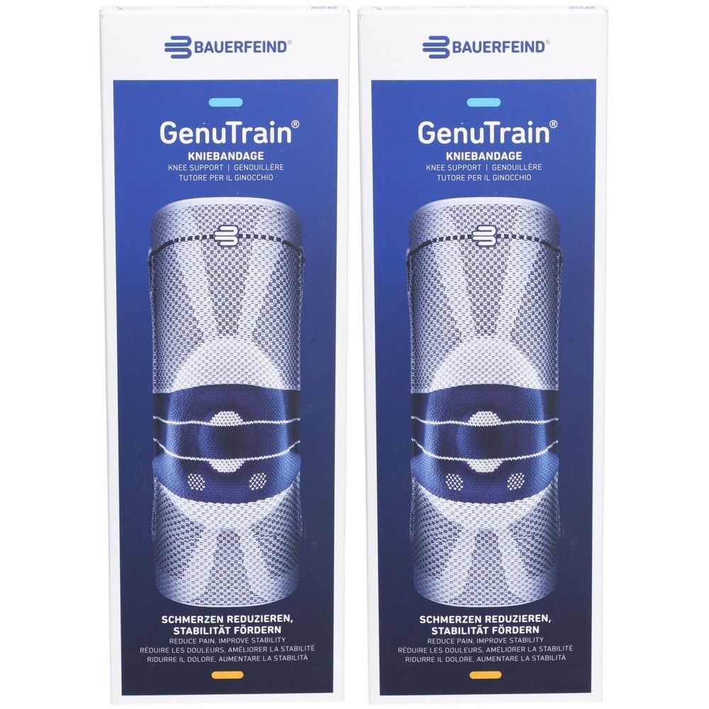 Deux emballages de l'orthèse de genou GenuTrain de BAUERFEIND. Texte bleu sur fond blanc. Texte : Réduire la douleur, améliorer la stabilité.