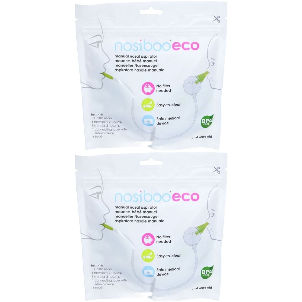 Deux emballages d'aspirateur nasal manuel. Inscription : nosiboo eco, label BPA, pas de filtre nécessaire, facile à nettoyer, dispositif médical sûr.