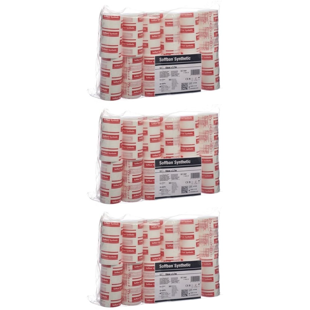 Plusieurs paquets de SOFFBAN Ouatte de Rembourrage Synthétique. Chaque paquet contient des bandages blancs roulés avec texte rouge. Emballé dans du plastique.