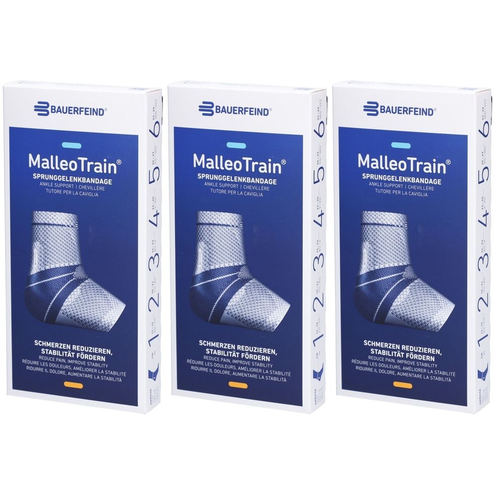 Trois boîtes de bandage de cheville MalleoTrain. Impression : Bauerfeind, nom du produit, indication de taille. Bandage en gris et bleu illustré.