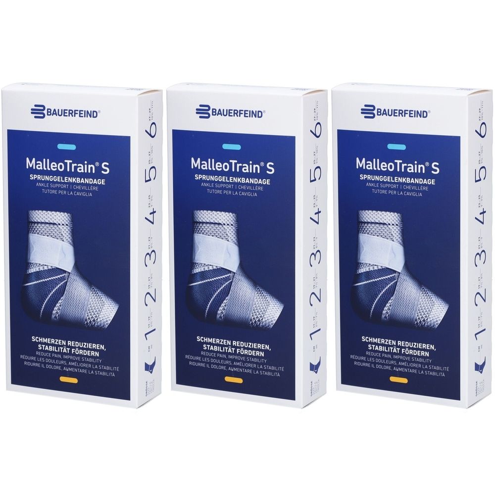 Trois boîtes de produit. Chaque boîte porte l'inscription "BAUERFEIND MalleoTrain S Sprunggelenkbandage". Tailles de 1 à 6.