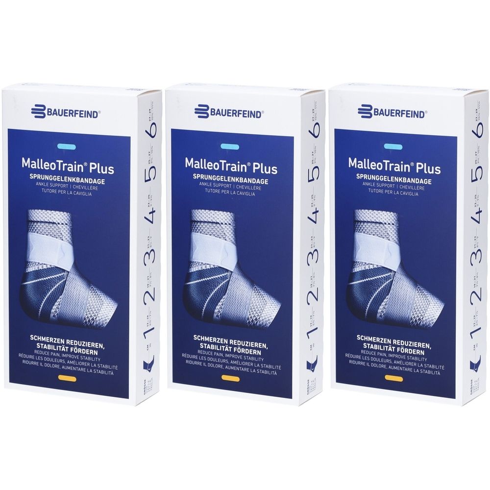 Trois boîtes de BAUERFEIND MalleoTrain Plus. Boîtes blanches avec texte bleu et image du produit.