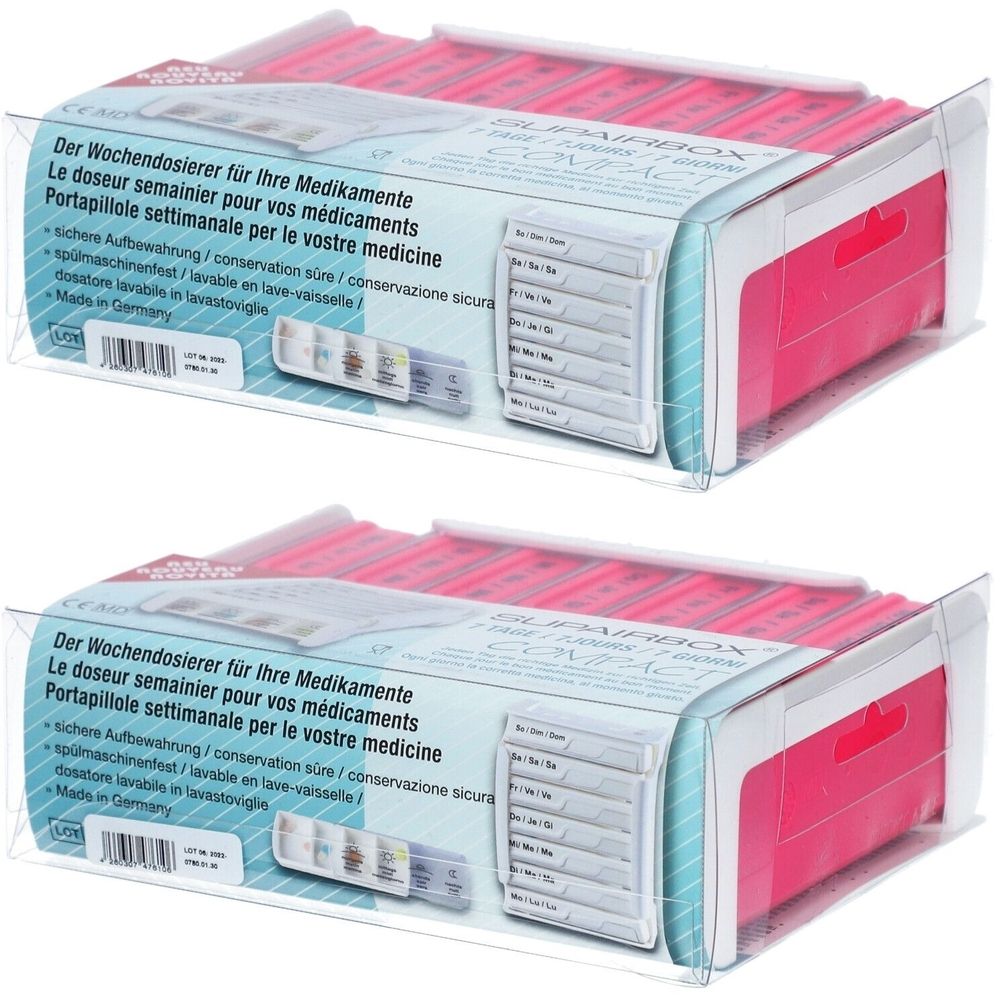 Boîtes doseuses hebdomadaires roses, emballées dans du plastique transparent. Inscriptions en allemand, français et italien. Fabriqué en Allemagne.