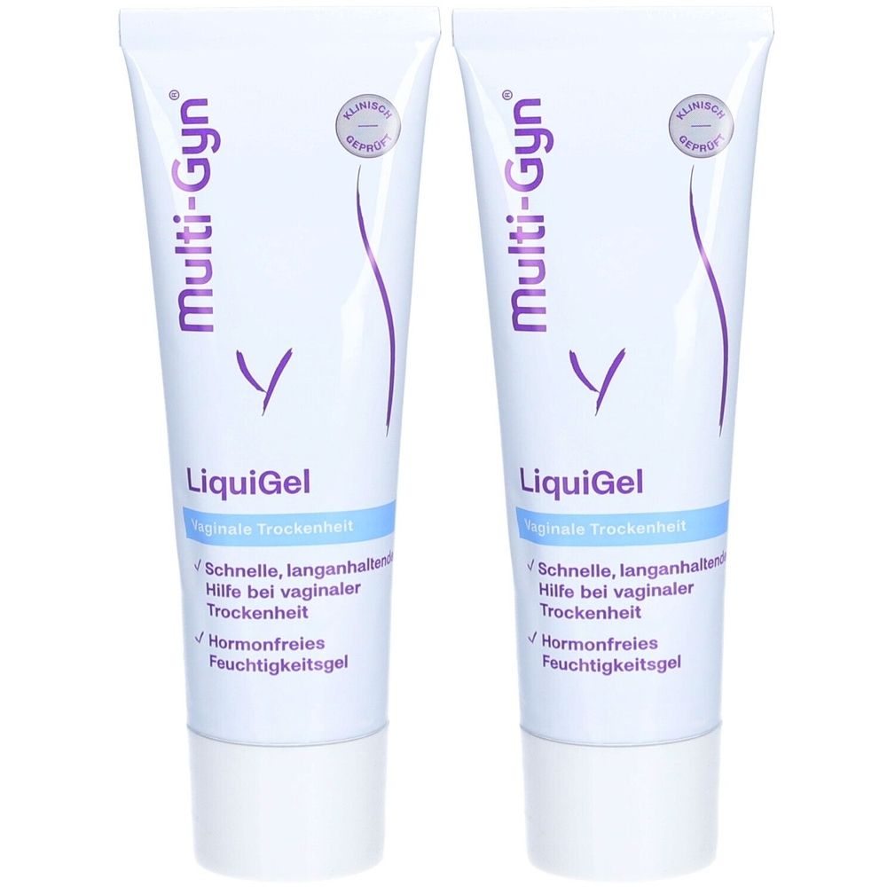 Deux tubes de Multi-Gyn LiquiGel. Tubes blancs avec texte violet et contour stylisé. Inscription : LiquiGel, sécheresse vaginale.