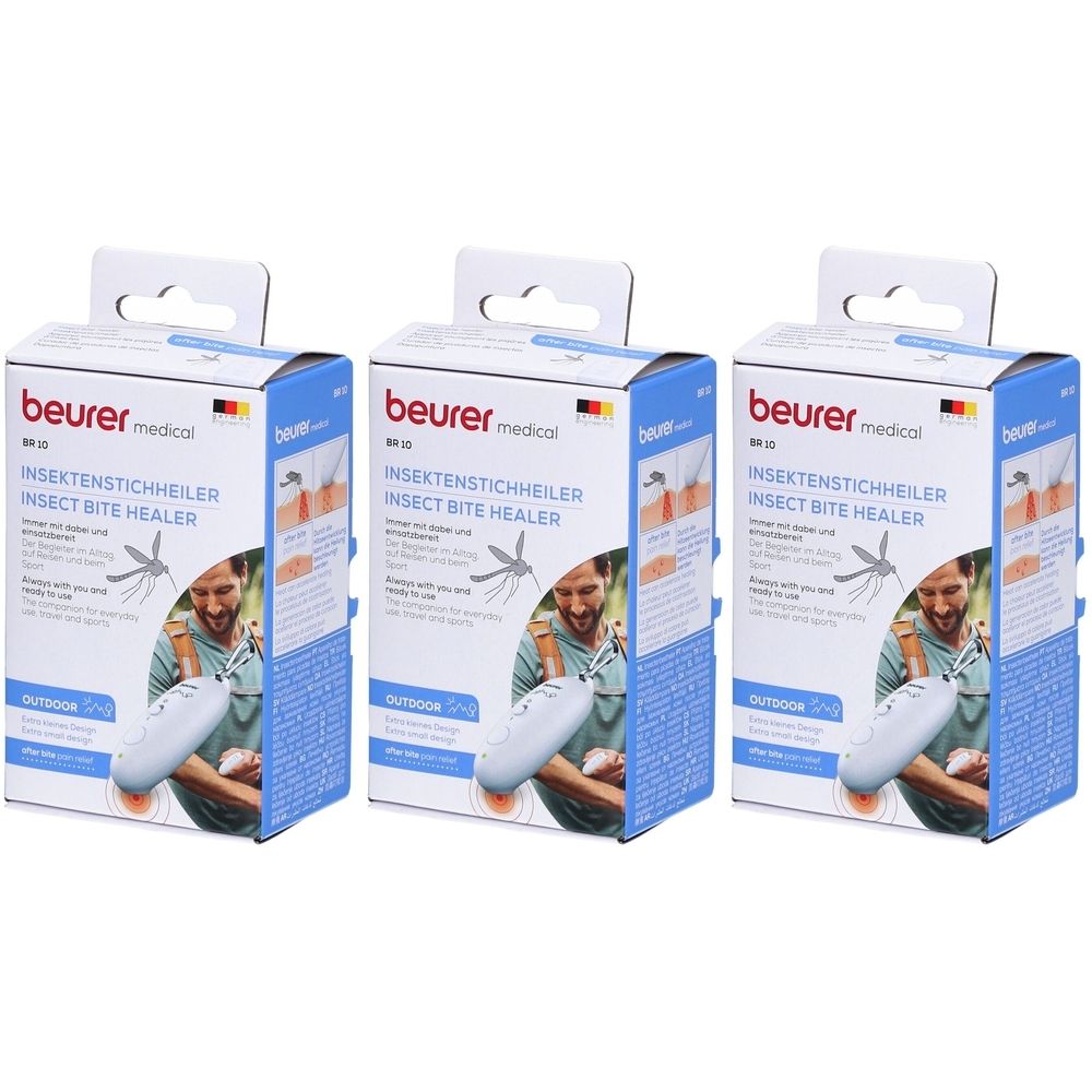 Trois boîtes de l'appareil de traitement des piqûres d'insectes beurer medical. Les boîtes présentent le produit et des informations.