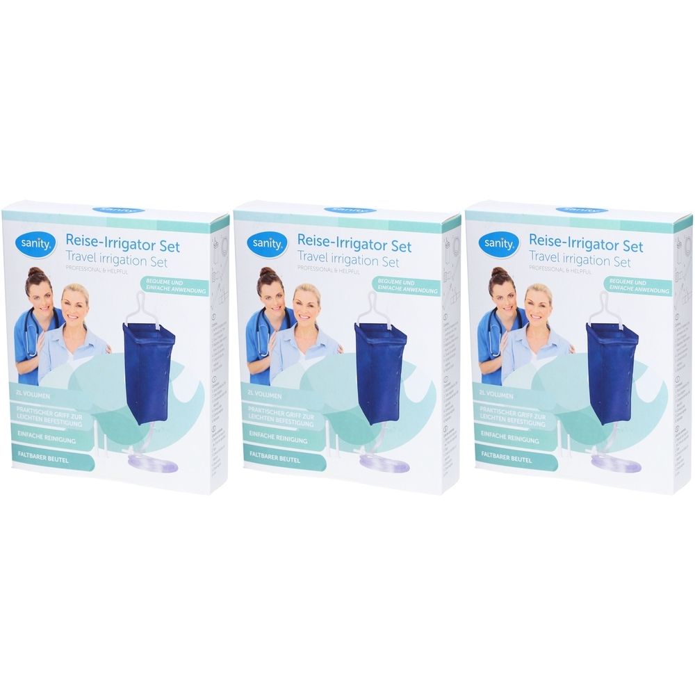 Trois boîtes de Sanity Reise-Irrigator Set. Chaque boîte présente un récipient bleu, une image de femmes et le nom du produit.
