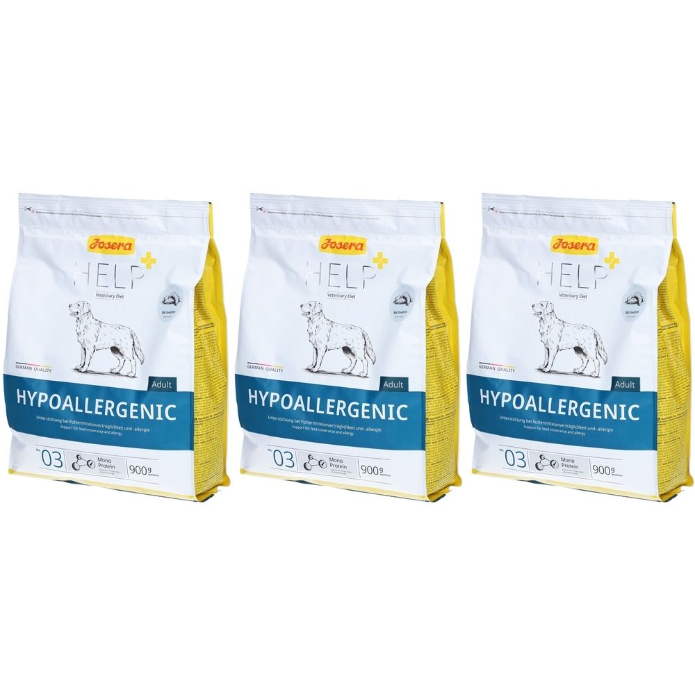 Trois paquets de nourriture pour chiens Josera Hypoallergenic. Emballage blanc et jaune avec logo, nom du produit et image de chien.