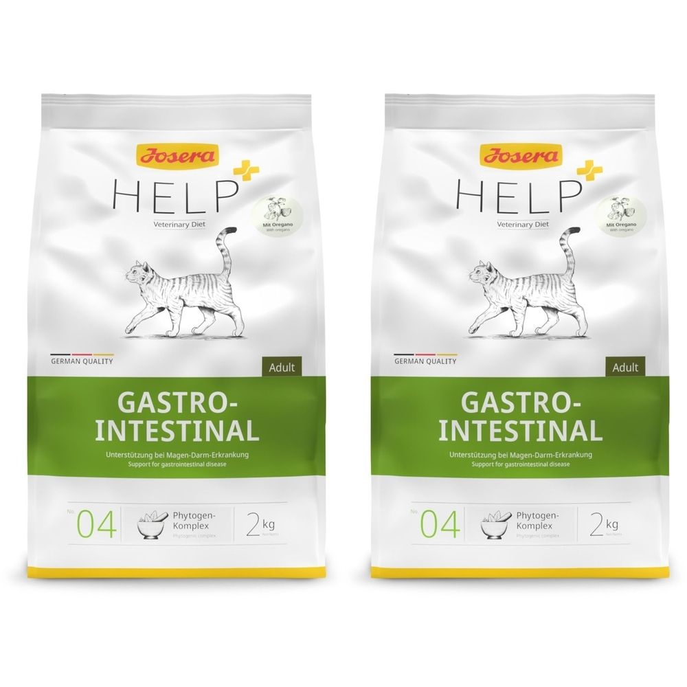 Deux paquets d'aliments pour animaux. Inscription : Josera Help Gastrointestinal. Image d'un chat. Emballage vert et blanc.