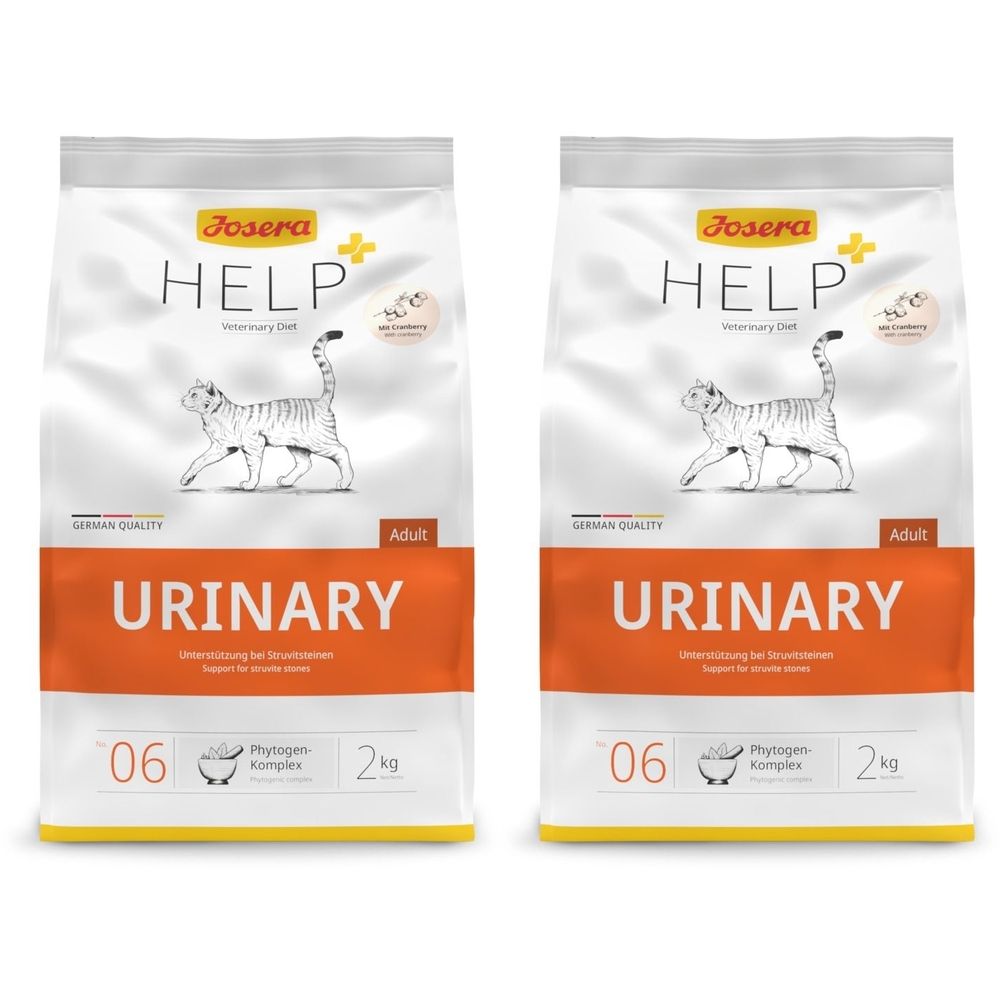 Deux paquets de nourriture pour chats Josera Help Urinary. Illustration d'un chat. Bande orange avec inscription Urinary. 2 kg.