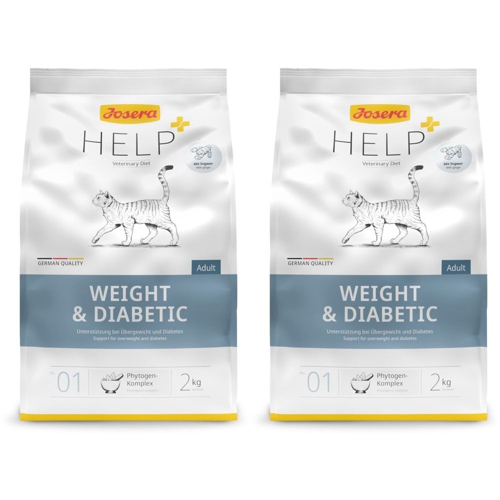 Deux sacs Josera Help Weight & Diabetic Katze. Inscription: Help, Weight & Diabetic, 2 kg, Adult. Avec image de chat.