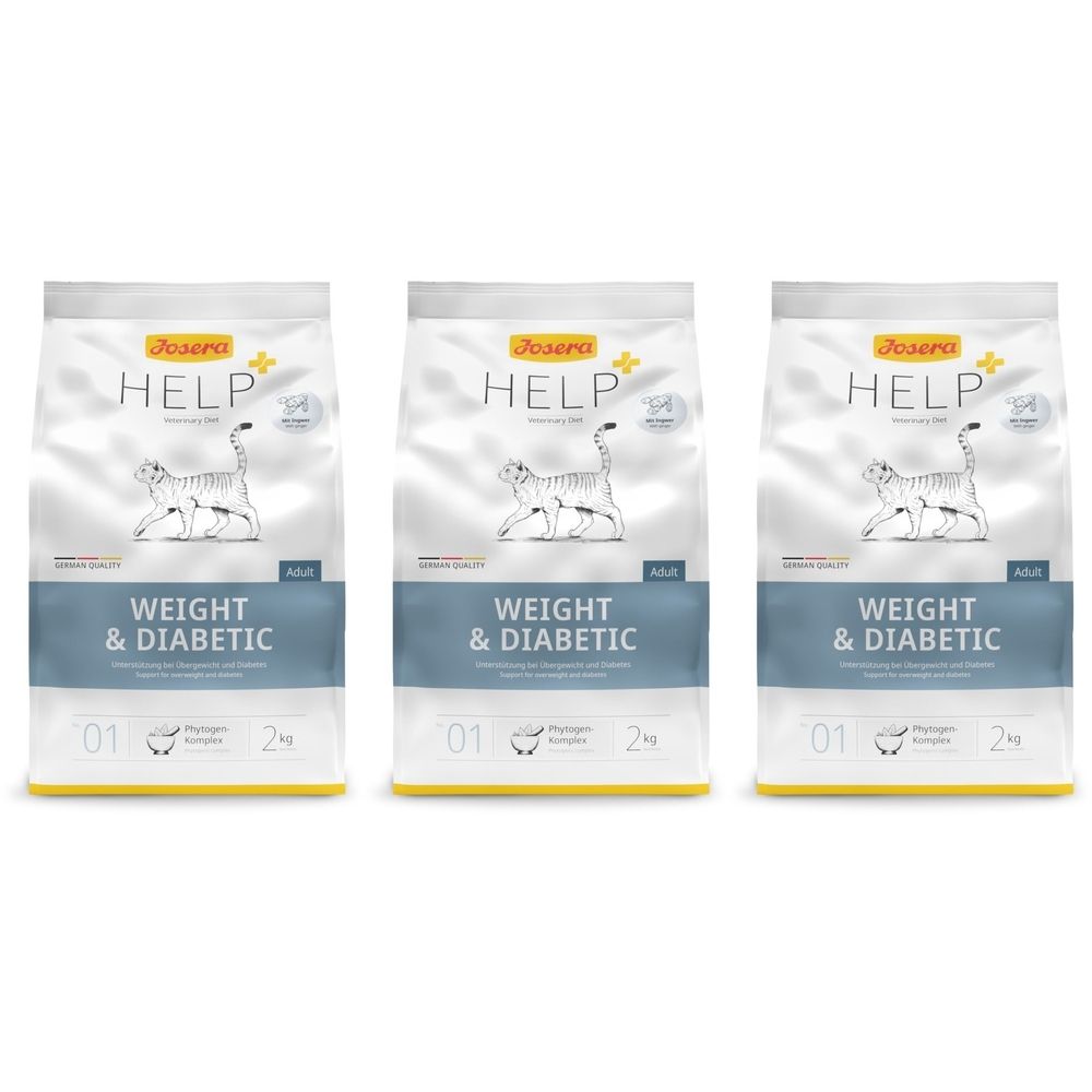 Trois paquets de Josera Help Weight & Diabetic Katze. Fond blanc. Impression : Josera Help, chat, Weight & Diabetic, Adult, 2 kg.