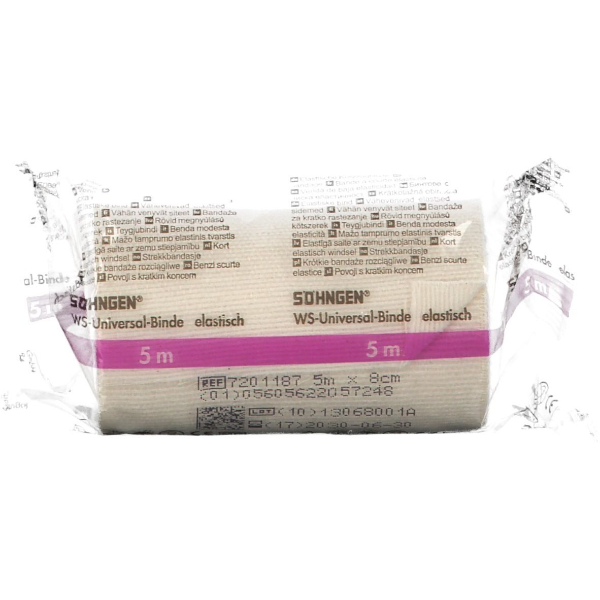 Bande élastique emballée. Inscription : WS-Universal-Binde elastisch, 5 m x 8 cm. Produit emballé dans du film plastique.