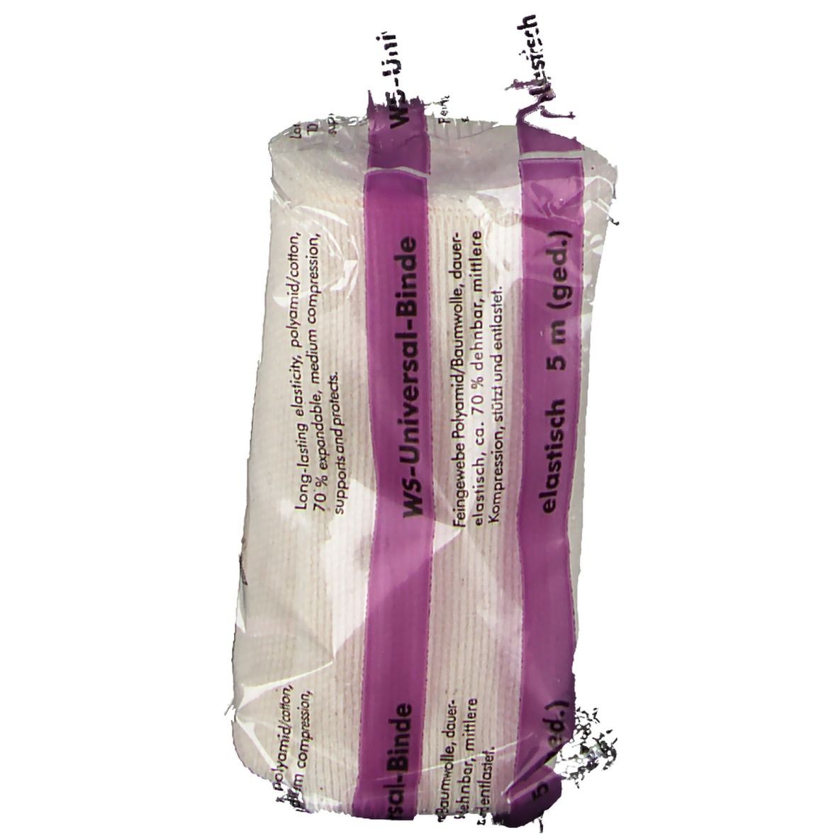Bande élastique emballée. Inscription : WS-Universal-Binde elastisch, 5 m x 8 cm. Produit emballé dans du film plastique.