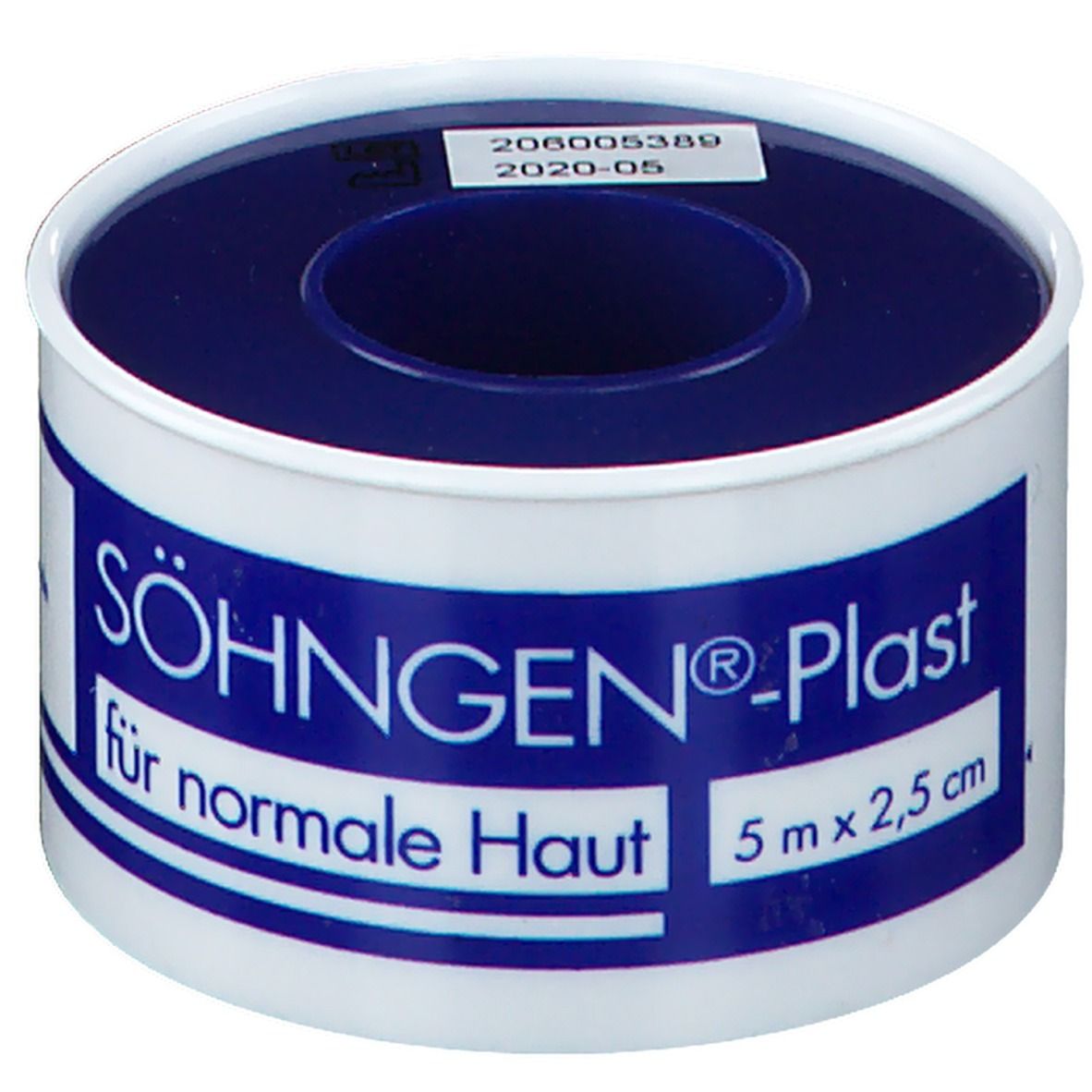 Rouleau SÖHNGEN®-Plast. Emballage blanc et bleu. Inscription : pour peau normale, 5 m x 2,5 cm.