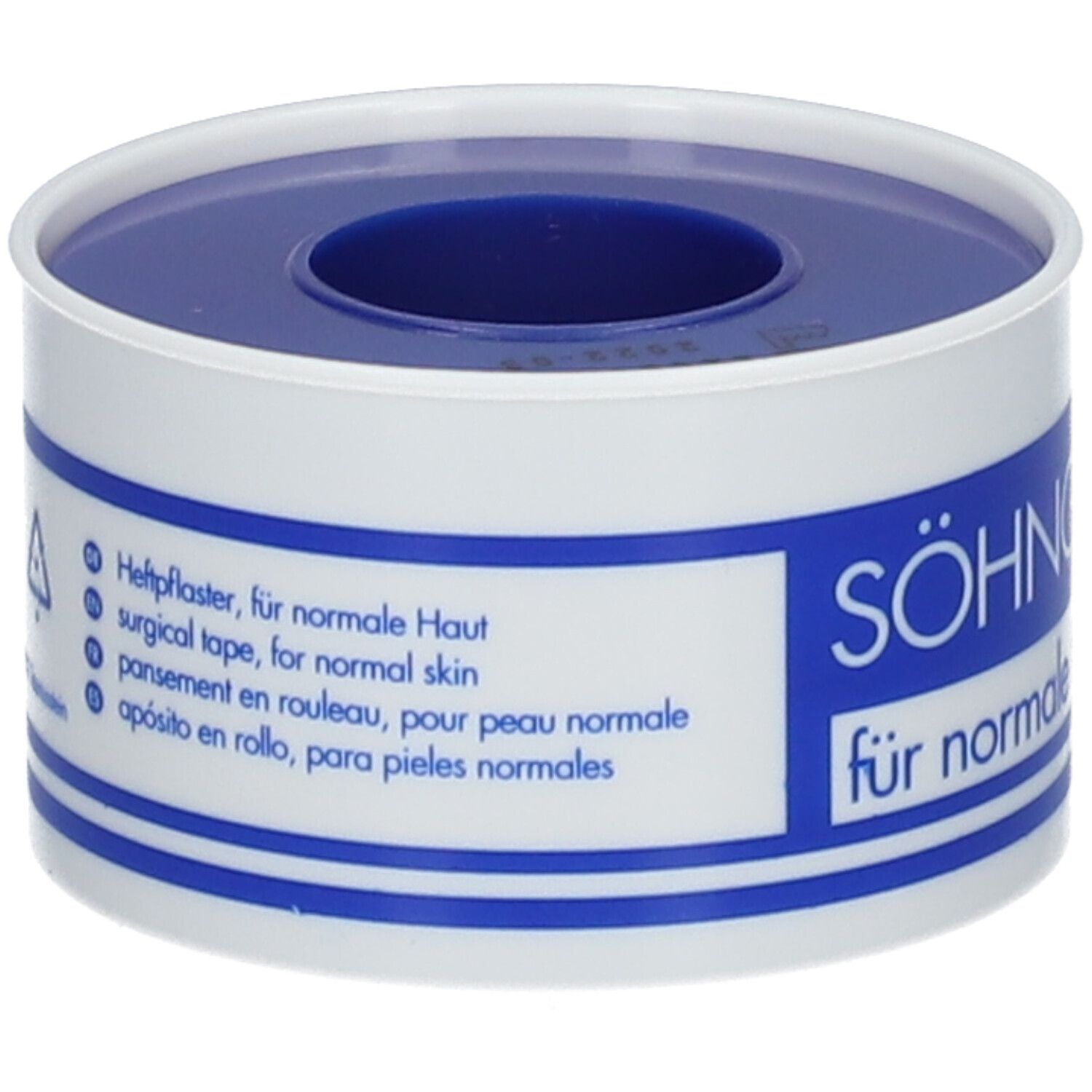 Rouleau SÖHNGEN®-Plast. Emballage blanc et bleu. Texte : Pansement adhésif, pour peau normale, etc.
