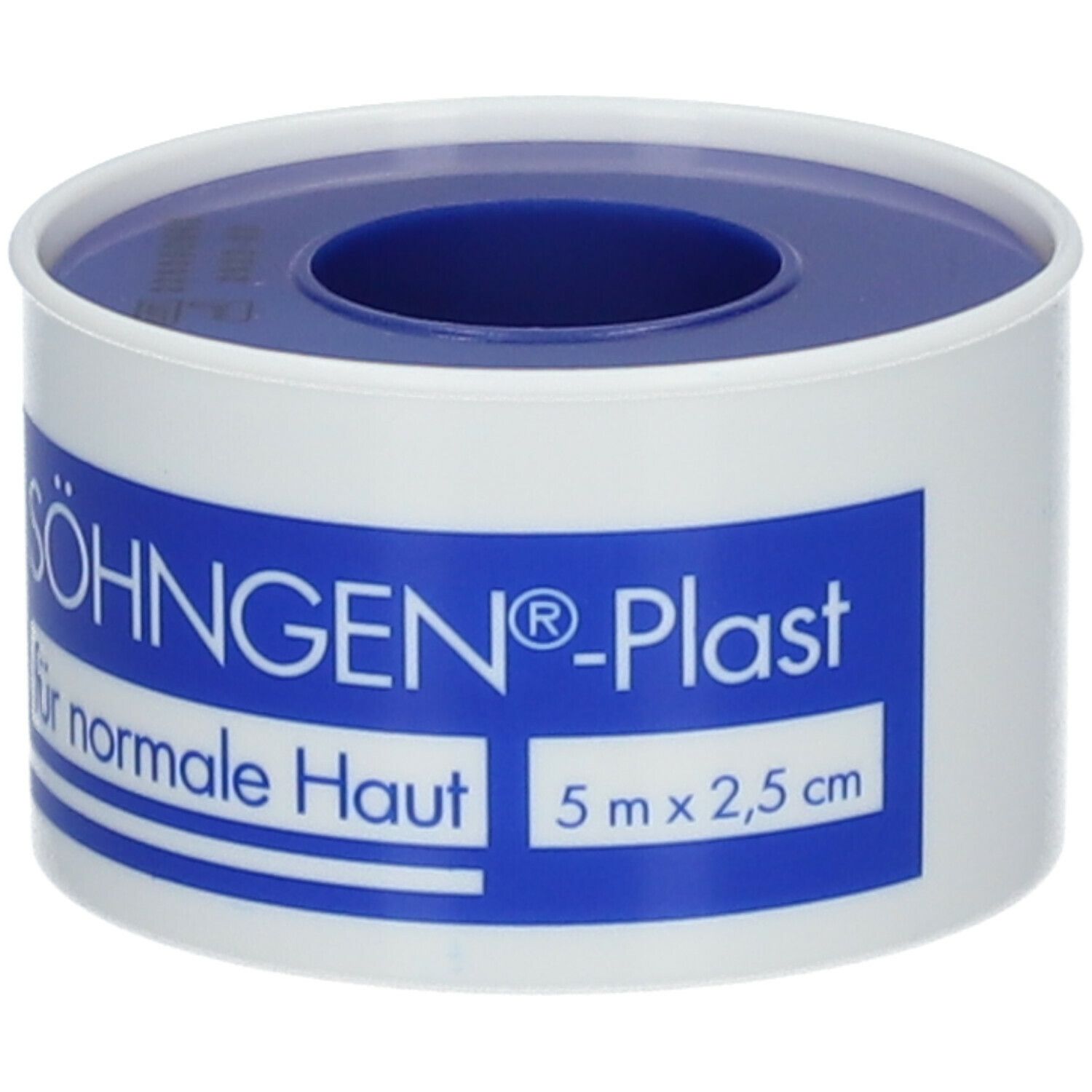 Rouleau SÖHNGEN®-Plast. Emballage blanc et bleu. Inscription : pour peau normale, 5 m x 2,5 cm.