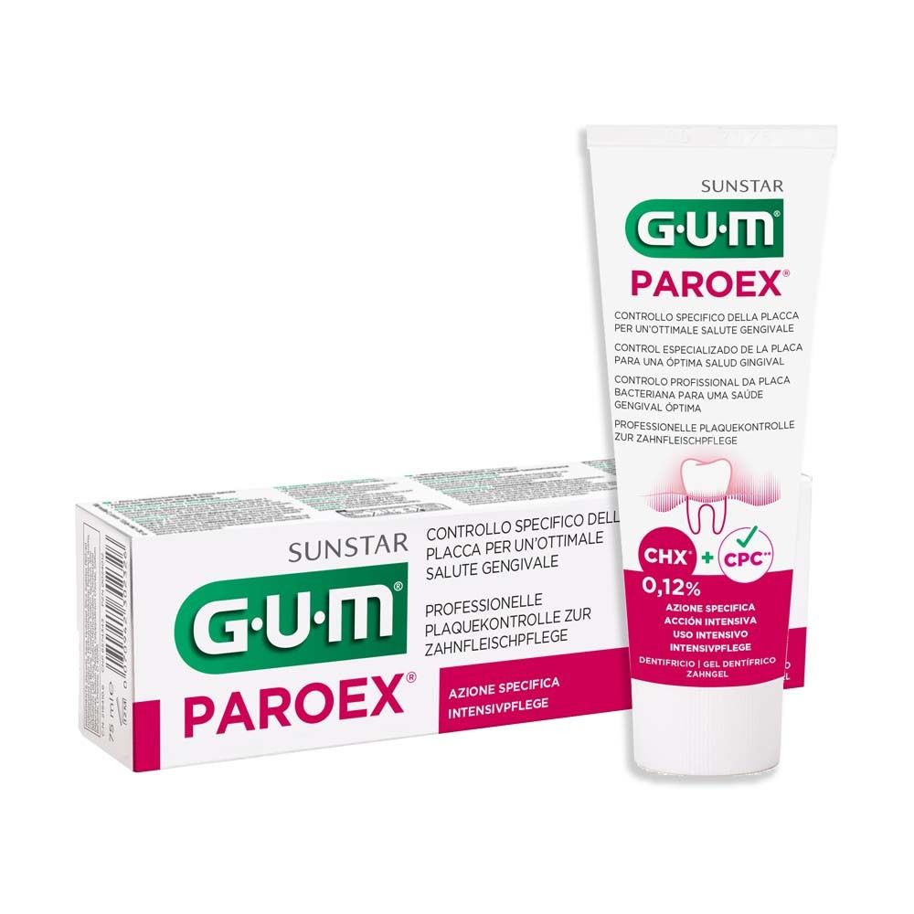 Tube et boîte de gel dentaire. GUM Paroex, 0,12%. Blanc, vert et rouge. Texte : Contrôle de la plaque professionnelle.