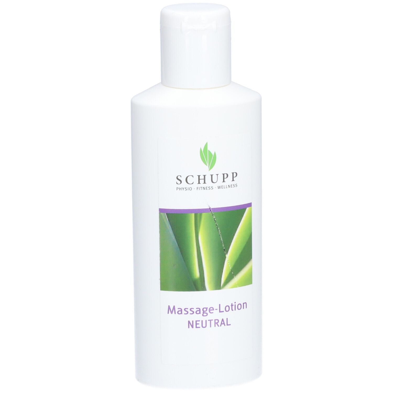 Bouteille blanche avec logo SCHUPP et image d'aloe vera. Lotion de massage NEUTRE.