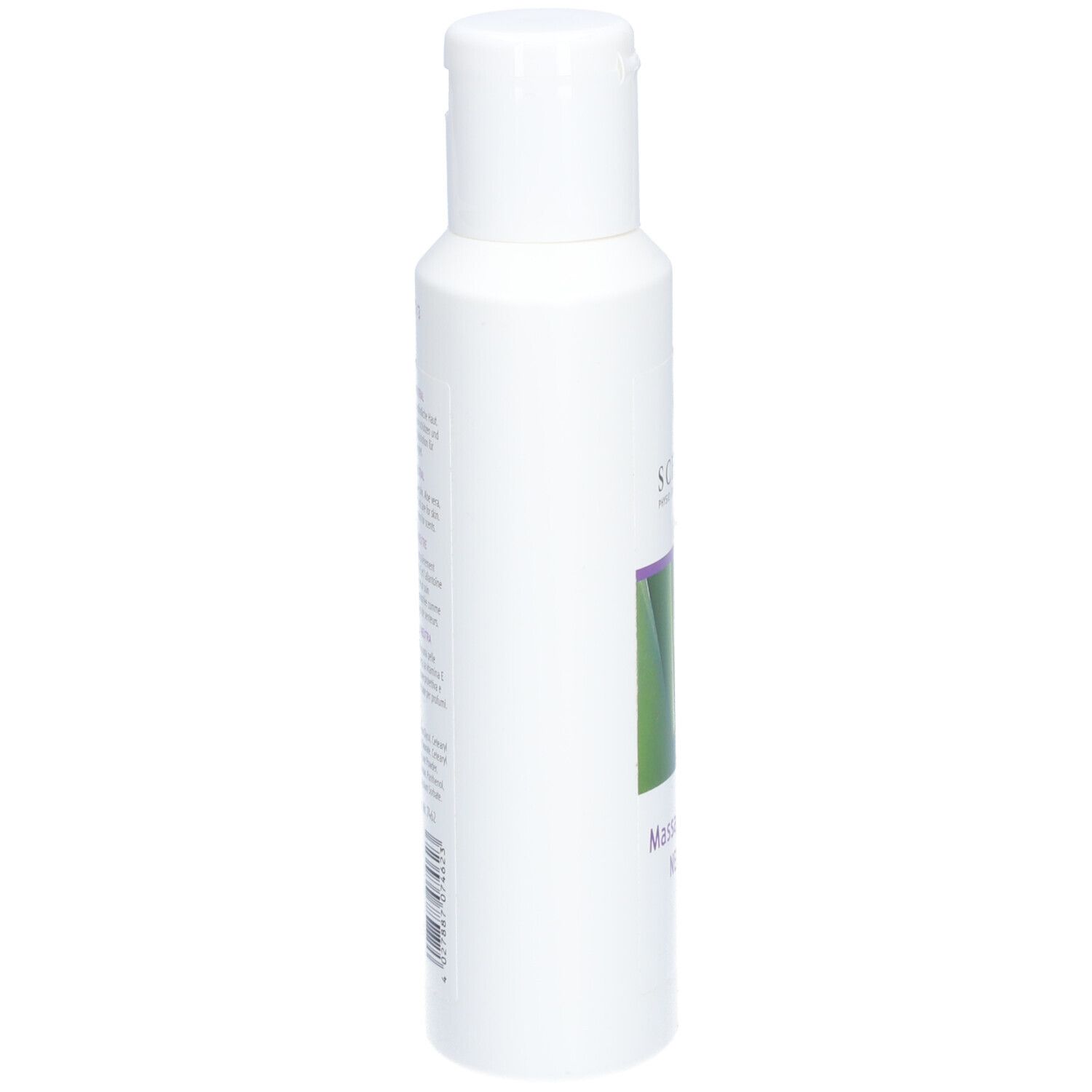 Vue latérale d'une bouteille blanche de Lotion de massage NEUTRE SCHUPP.