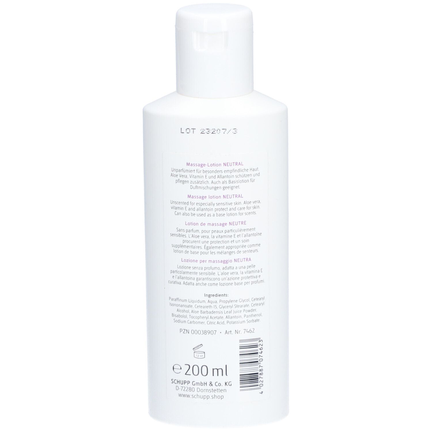Arrière d'une bouteille blanche avec informations produit et indication 200ml. Lotion de massage NEUTRE SCHUPP.