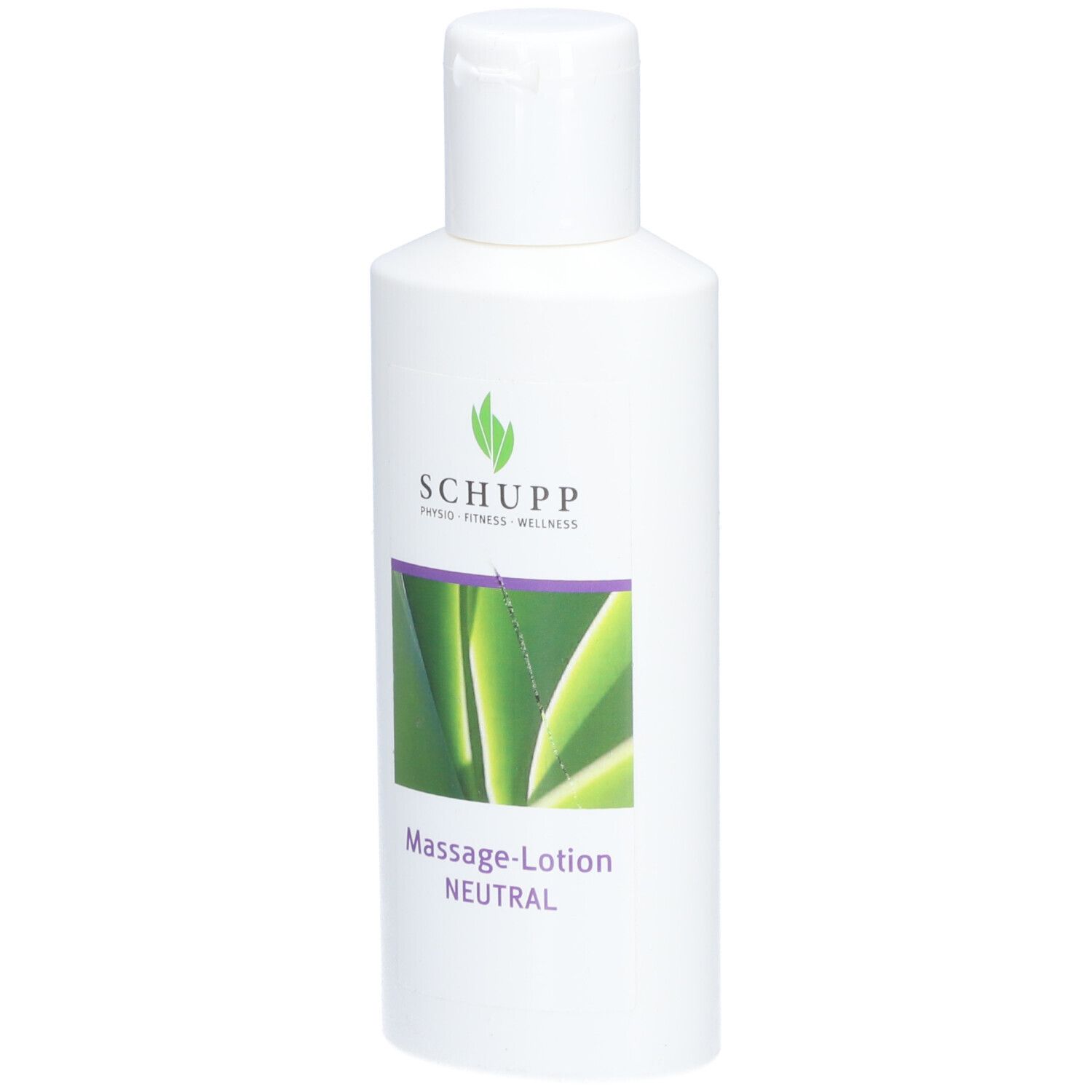 Bouteille blanche avec logo SCHUPP et image d'aloe vera. Lotion de massage NEUTRE.
