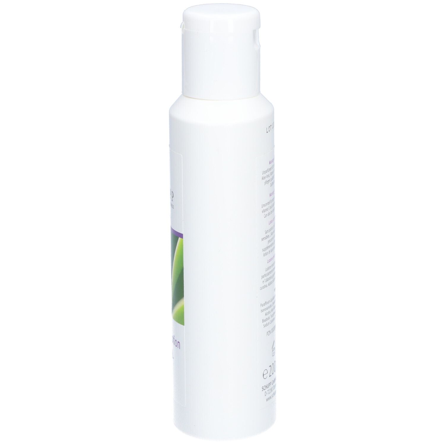 Vue latérale d'une bouteille blanche de Lotion de massage NEUTRE SCHUPP.