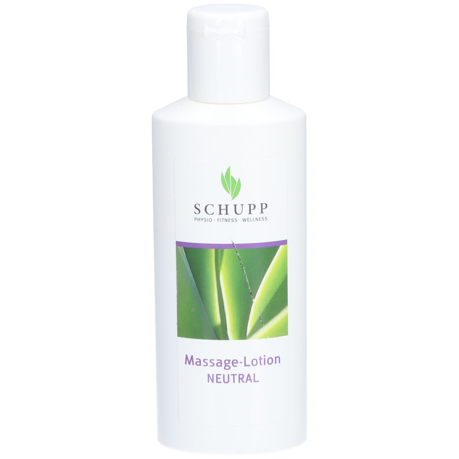 Bouteille blanche avec logo SCHUPP et image d'aloe vera. Lotion de massage NEUTRE.