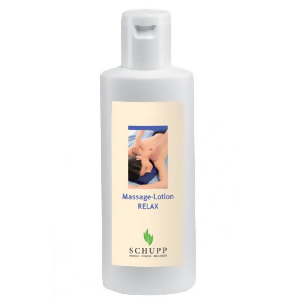 Flacon blanc avec bouchon rabattable. Étiquette avec image de massage et texte: Massage-Lotion RELAX. Logo SCHUPP.