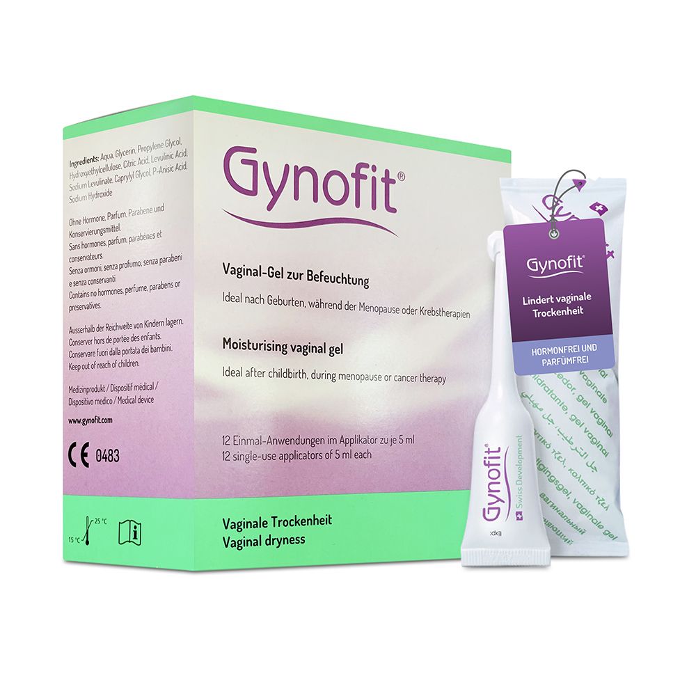 Boîte de Gel Vaginal Gynofit avec 12 applicateurs et un applicateur individuel.