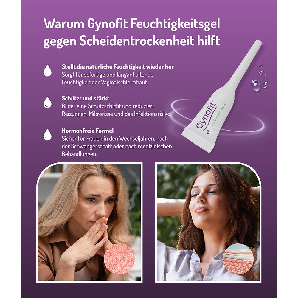Gel hydratant Gynofit: Restaure, protège, formule sans hormones. Femmes avant et après traitement.