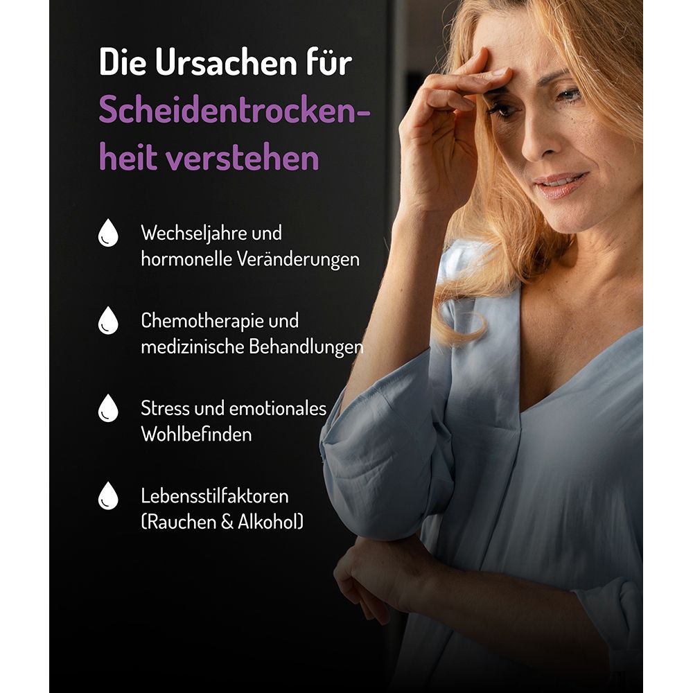 Causes de la sécheresse vaginale: Ménopause, chimio, stress, style de vie. Femme soucieuse.