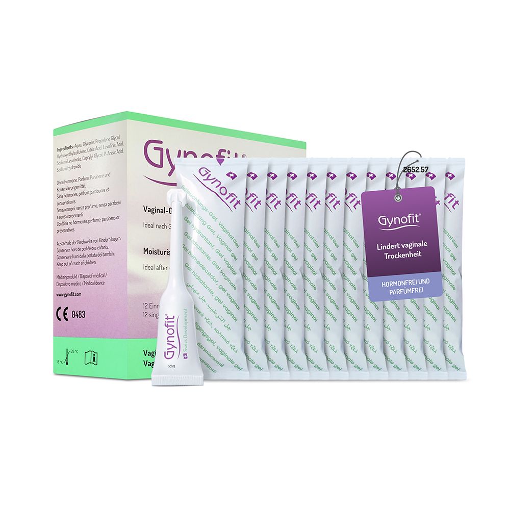 Boîte de Gel Vaginal Gynofit avec 12 applicateurs, dont un visible.
