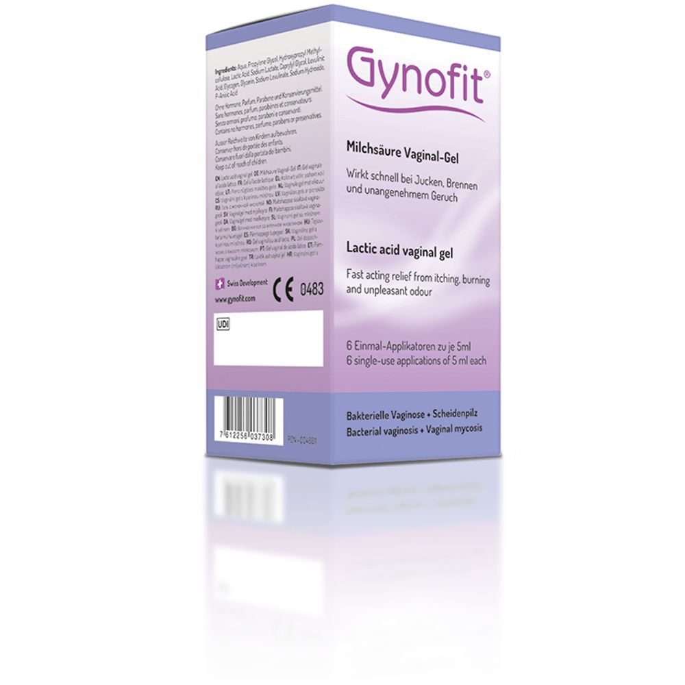Emballage Gynofit Gel vaginal à l'acide lactique, face avant avec informations produit et marquage CE.