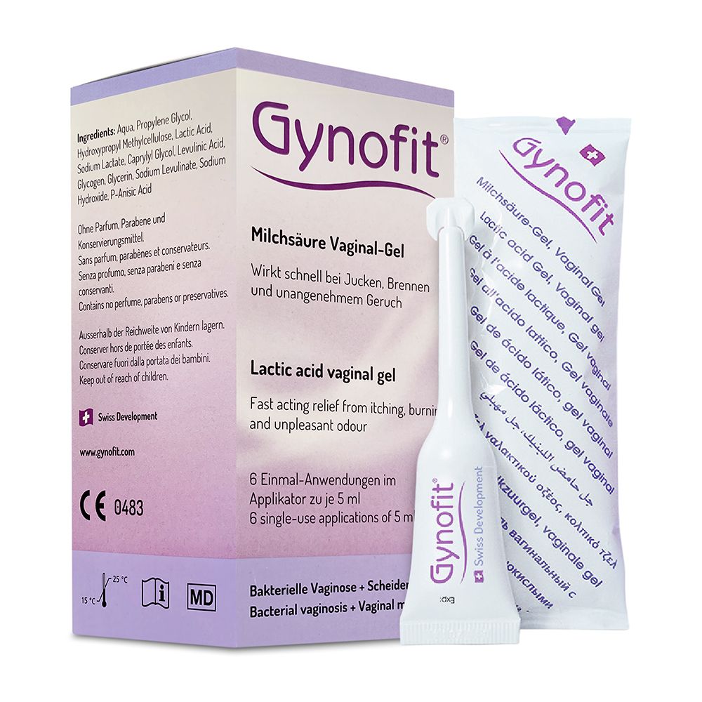 Gynofit Gel vaginal à l'acide lactique : boîte, un tube applicateur et un sachet.