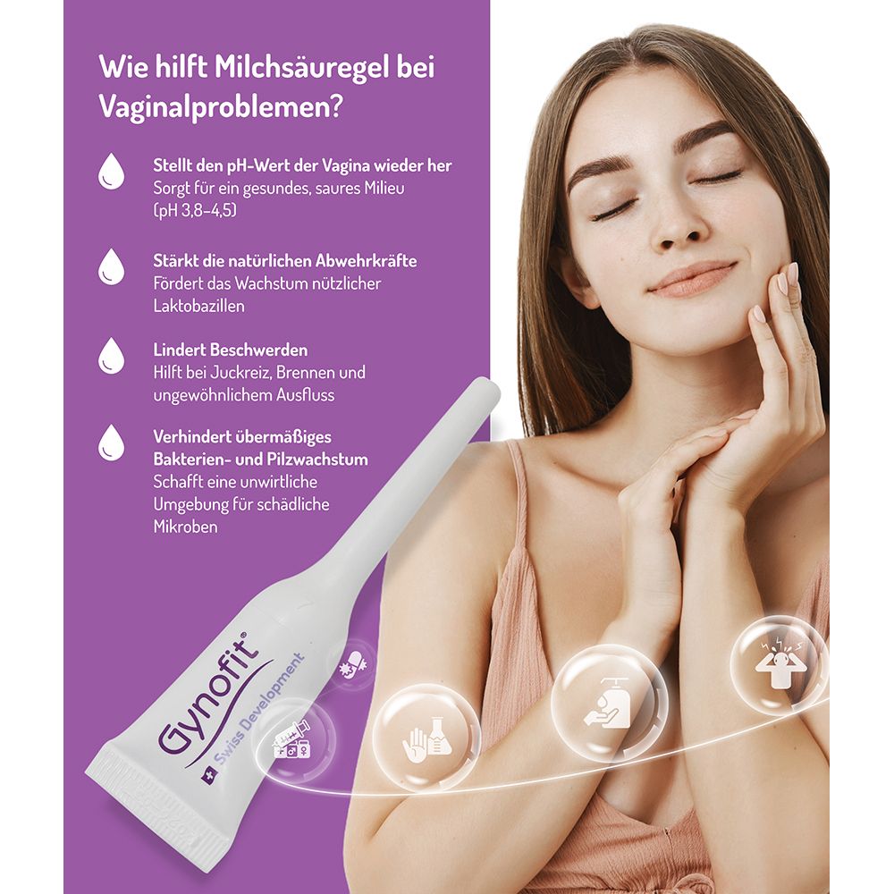 Gynofit Gel vaginal à l'acide lactique : tube avec applicateur. Texte expliquant l'action du gel d'acide lactique sur les problèmes vaginaux.