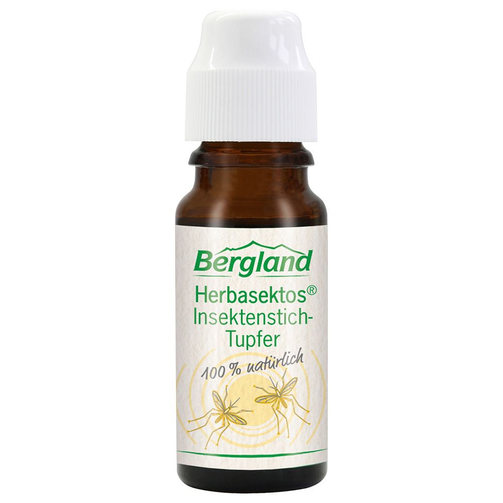 Bergland Herbasektos® Insektenstich-Tupfer : Flacon en verre brun avec bouchon compte-gouttes blanc. Étiquette avec logo Bergland et nom du produit.