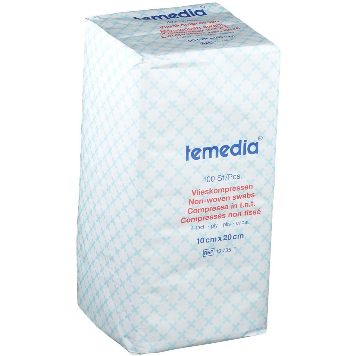 Emballage de compresses non tissées Temedia. 100 pièces, 10 x 20 cm. Blanc avec motif bleu et informations produit.