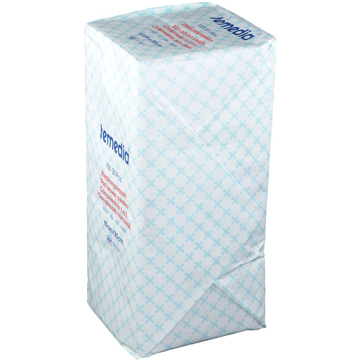 Emballage de compresses non tissées Temedia. 100 pièces, 10 x 20 cm. Blanc avec motif bleu et informations produit.