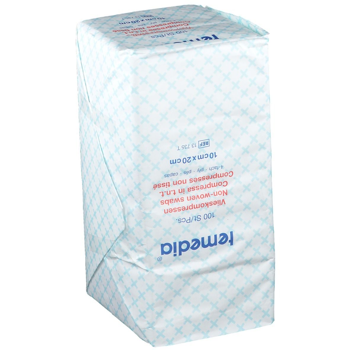 Emballage de compresses non tissées Temedia. 100 pièces, 10 x 20 cm. Blanc avec motif bleu et informations produit.