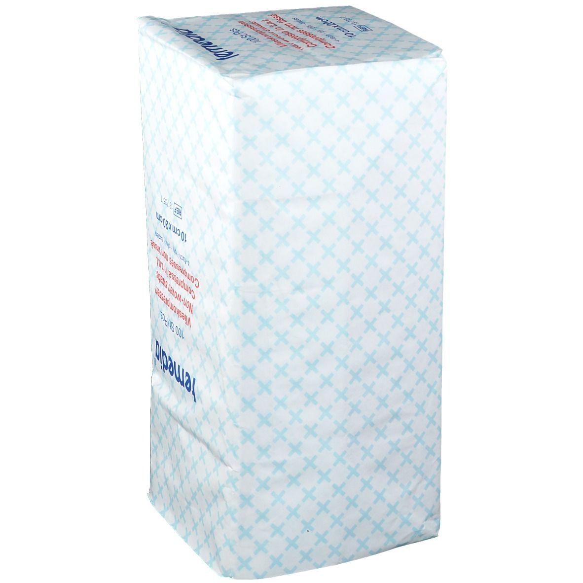 Emballage de compresses non tissées Temedia. 100 pièces, 10 x 20 cm. Blanc avec motif bleu et informations produit.