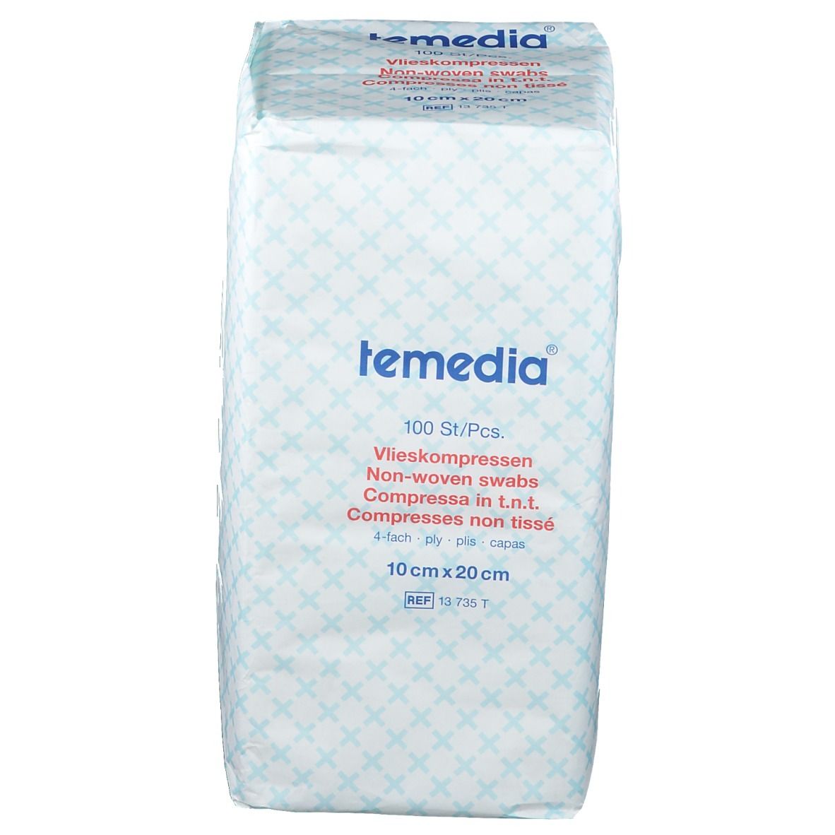 Emballage de compresses non tissées Temedia. 100 pièces, 10 x 20 cm. Blanc avec motif bleu et informations produit.