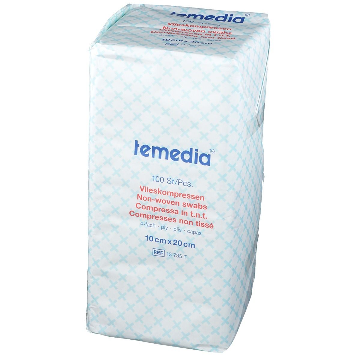Emballage de compresses non tissées Temedia. 100 pièces, 10 x 20 cm. Blanc avec motif bleu et informations produit.