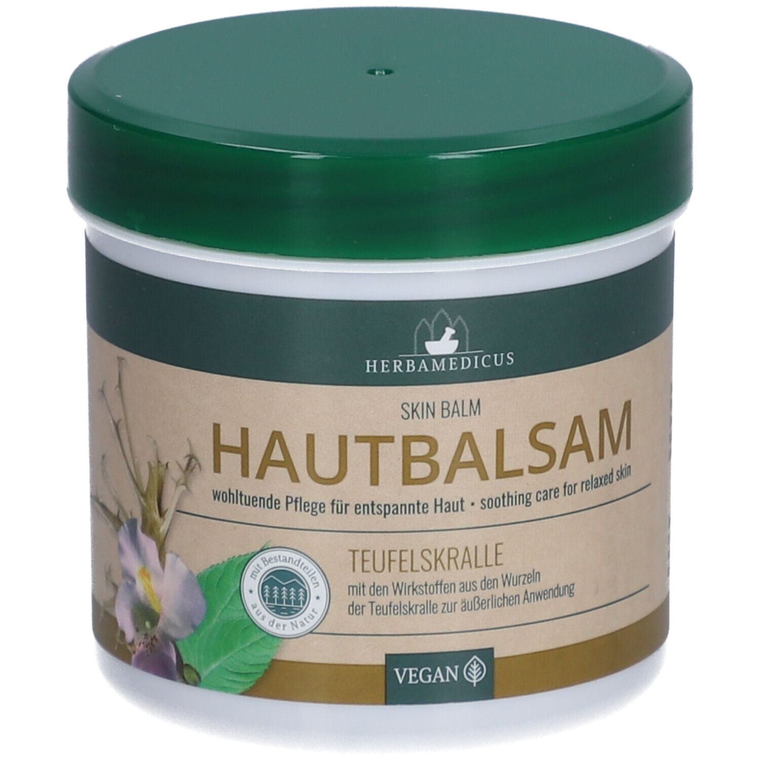 Pot blanc avec couvercle vert. Inscription : HAUTBALSAM Teufelskralle. Label végétalien.