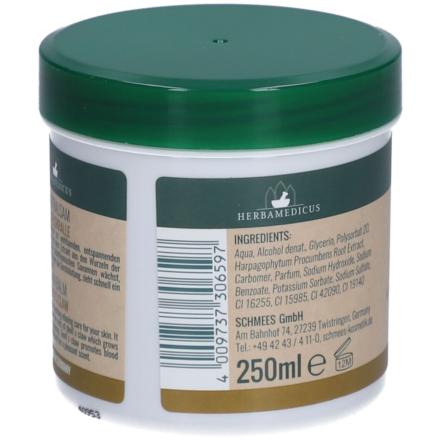 Pot blanc avec couvercle vert. Inscription : 250ml. Informations du fabricant.