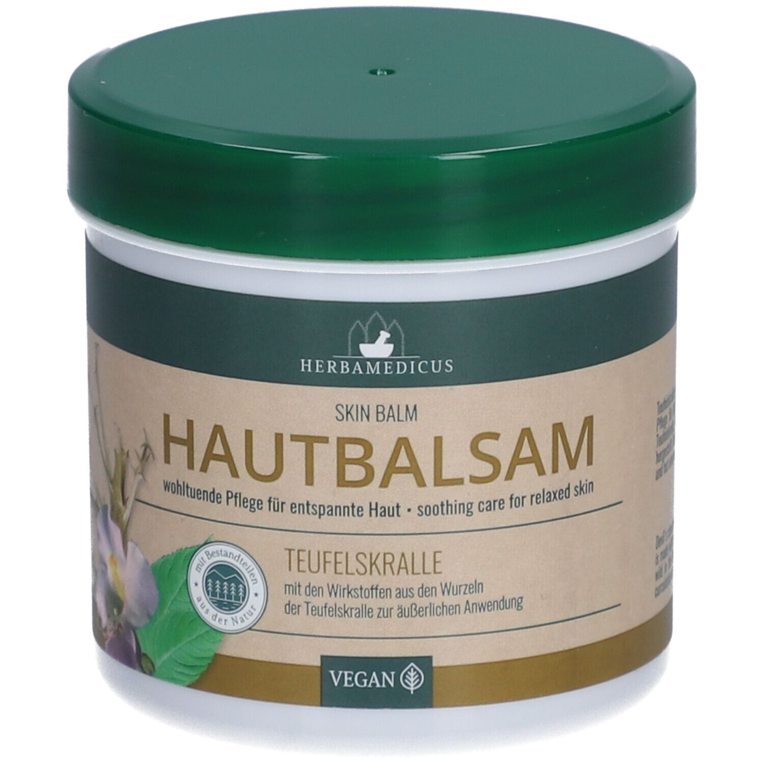 Pot blanc avec couvercle vert. Inscription : HAUTBALSAM Teufelskralle. Label végétalien.