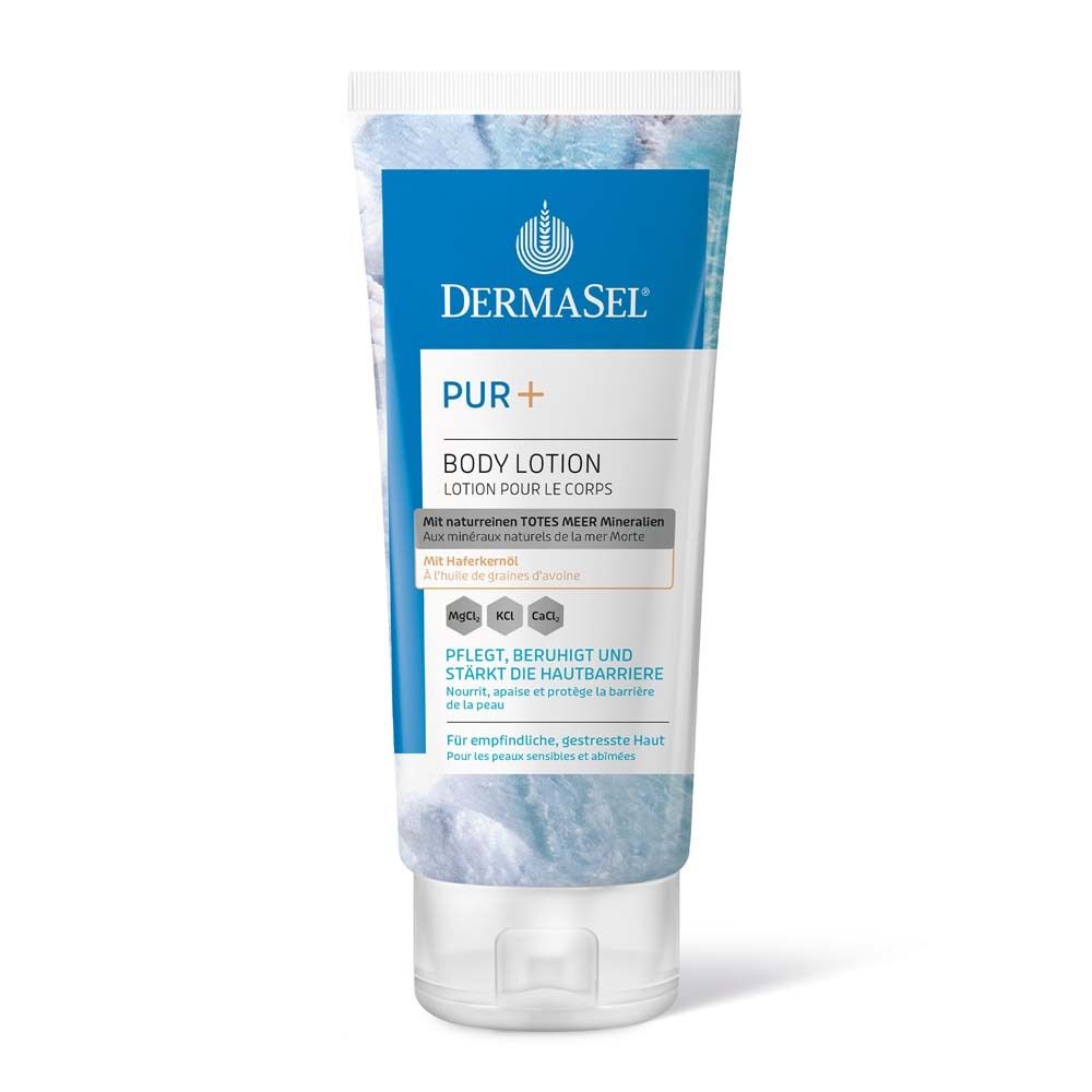 Tube blanche avec texte bleu. Contient une lotion pour le corps. Marque : DermaSel® PUR+.